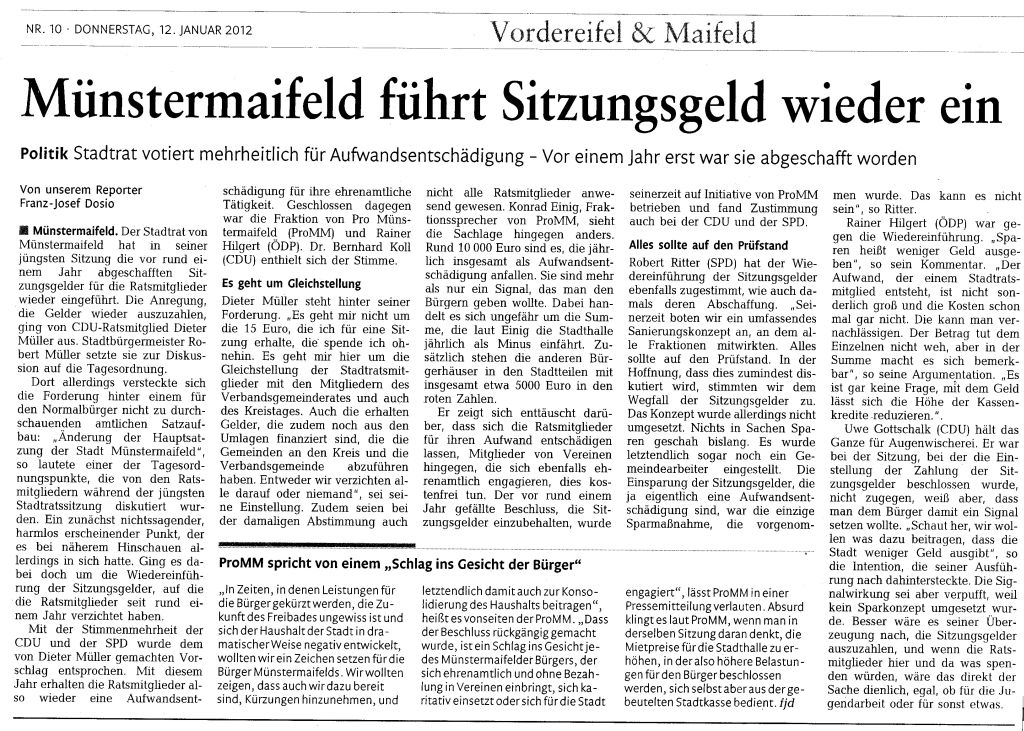 Zeitungsartikel RZ vom 12.01.2012 zum Thema Sitzungsgeld Stadt Münstermaifeld